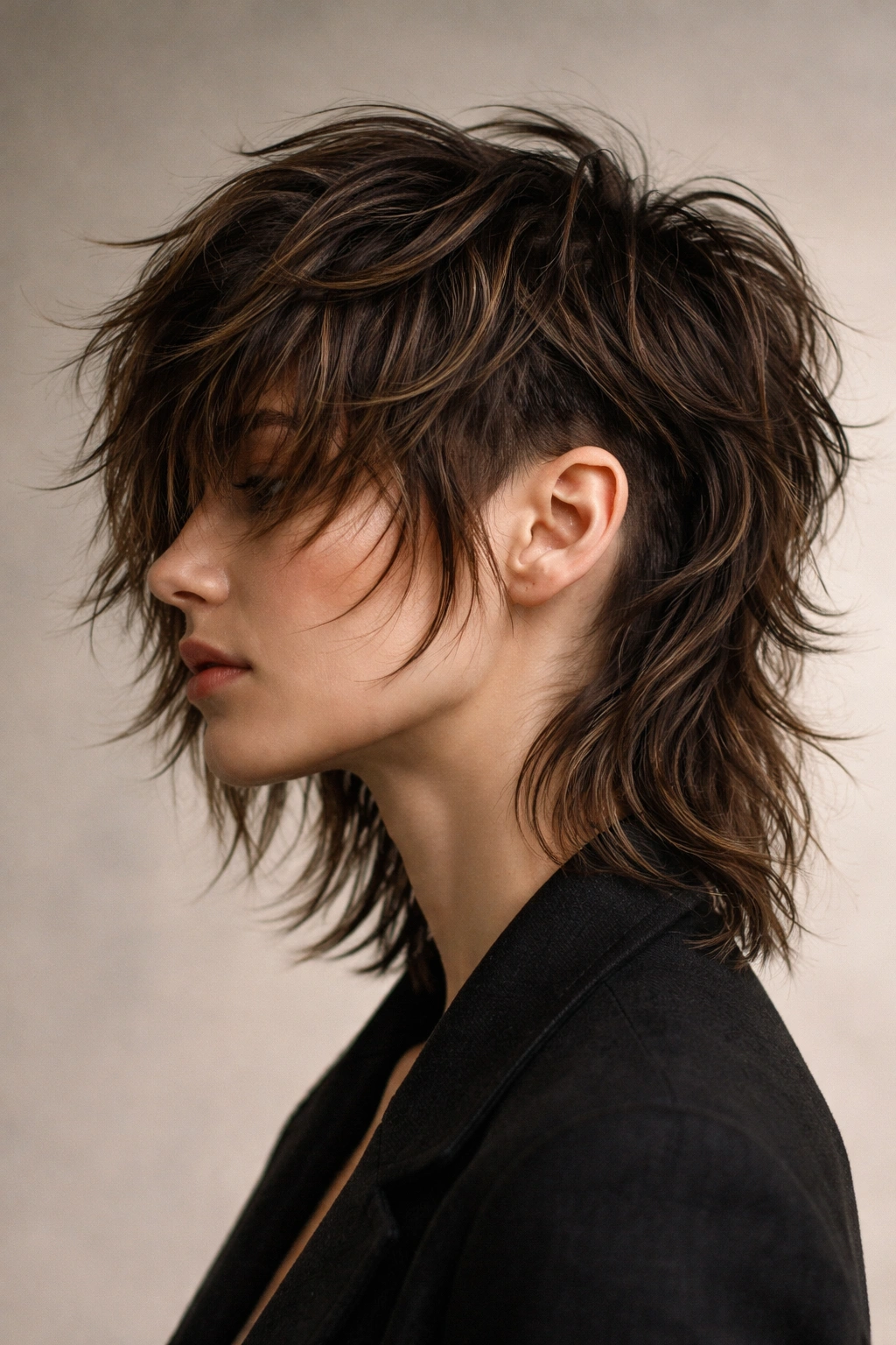 Profile view of textured shag with a subtle undercut showing edge and texture.