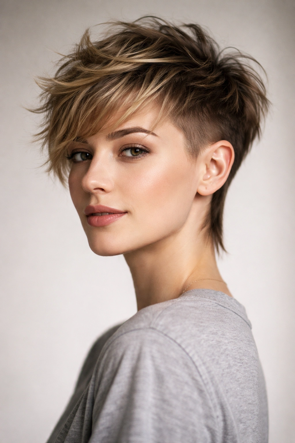 Profile of an oblong-faced model with a textured shag undercut