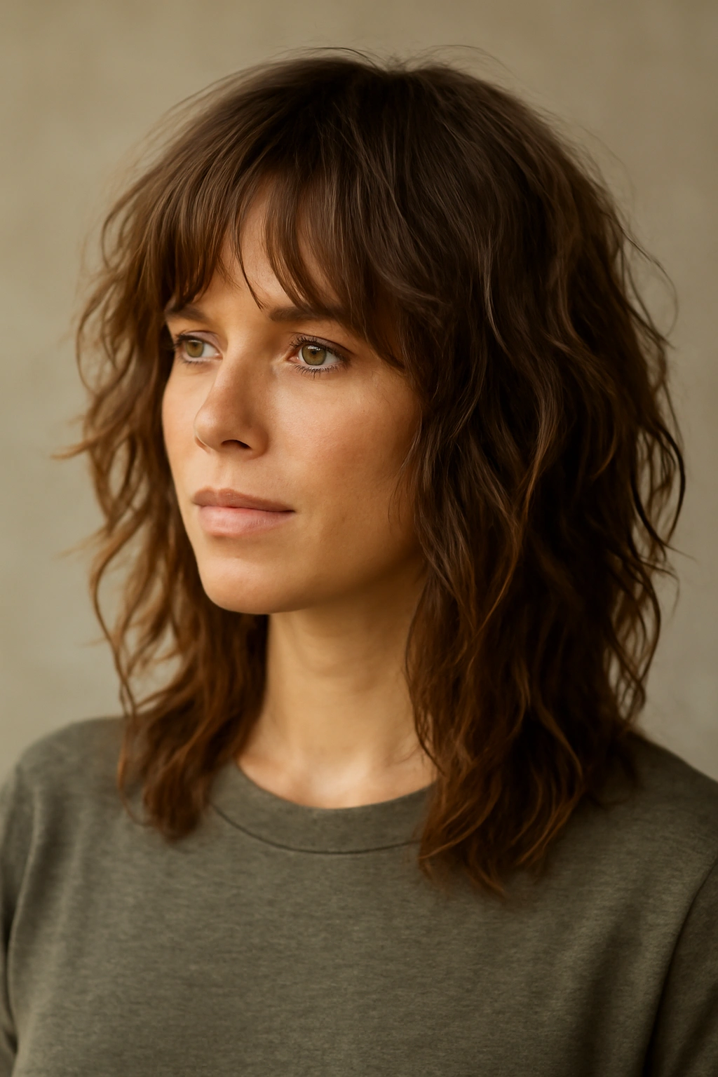Textured shag on medium-length wavy hair showing movement and layers