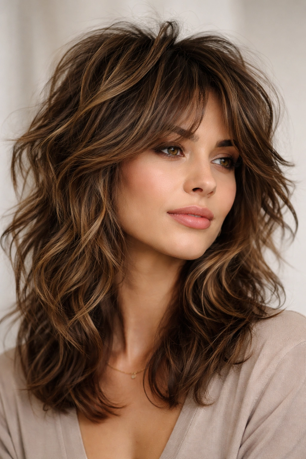 Close-up of a textured shag hairstyle with voluminous crown and choppy layers