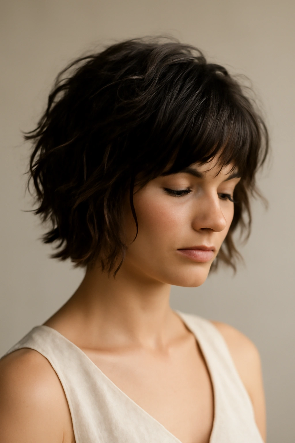 Textured shag hairstyle with defined layers and movement.