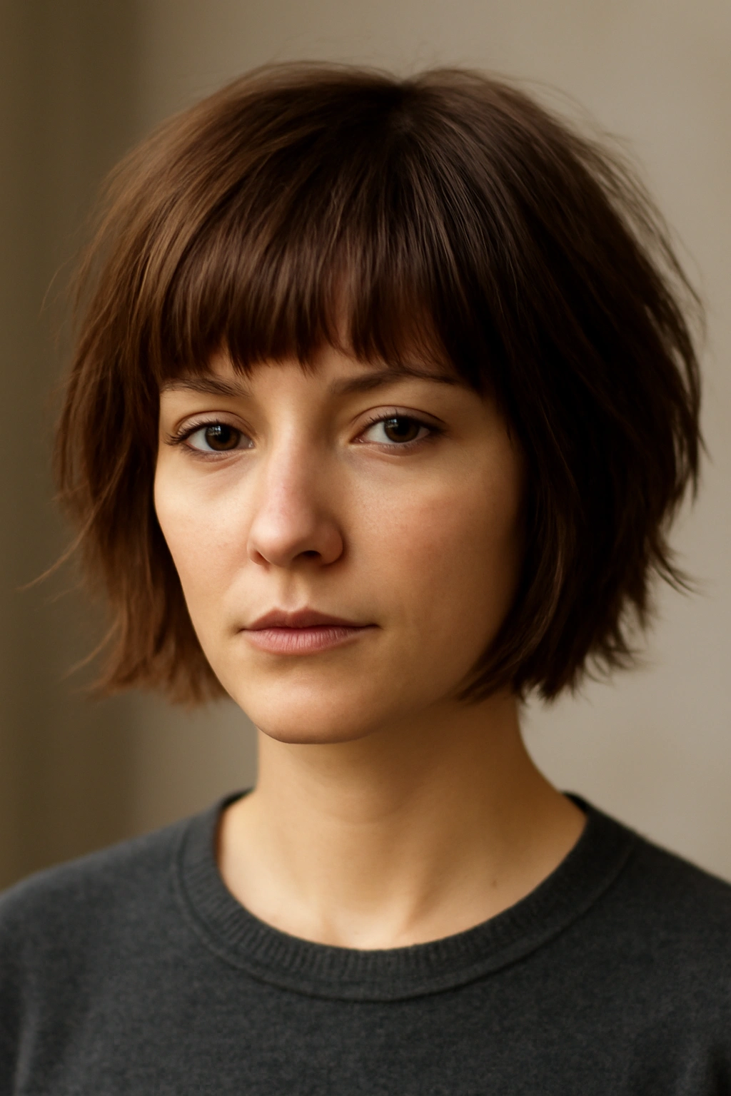 Textured short layers with full bangs creating a rounded face-framing silhouette