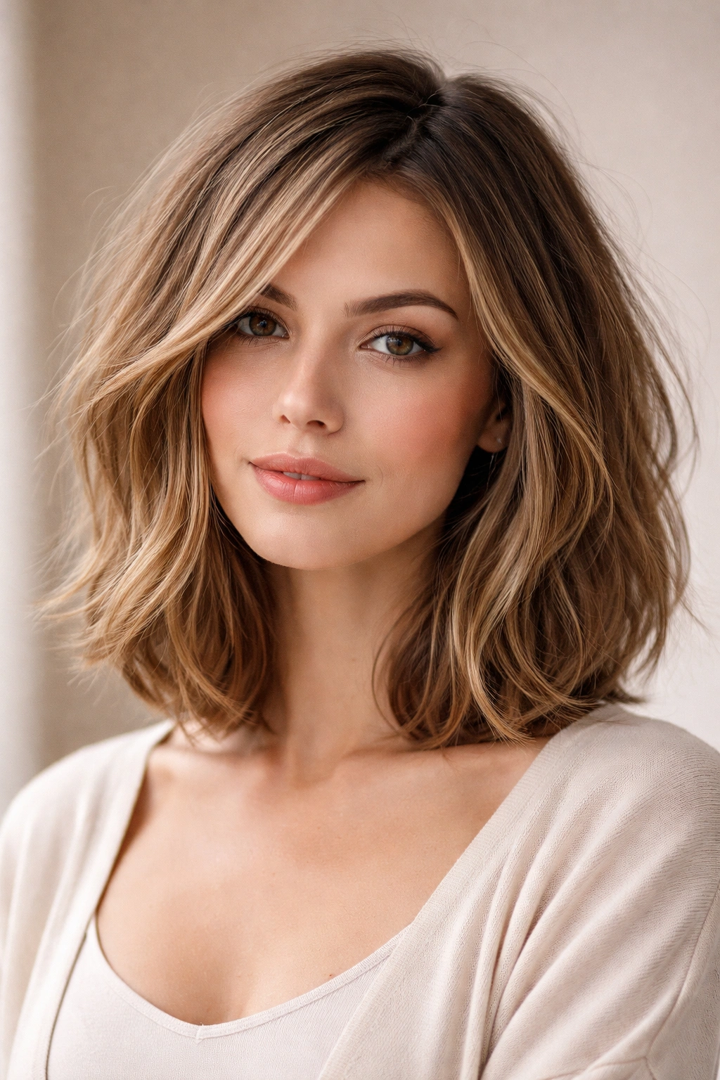 Textured shoulder-length bob with soft layers and movement