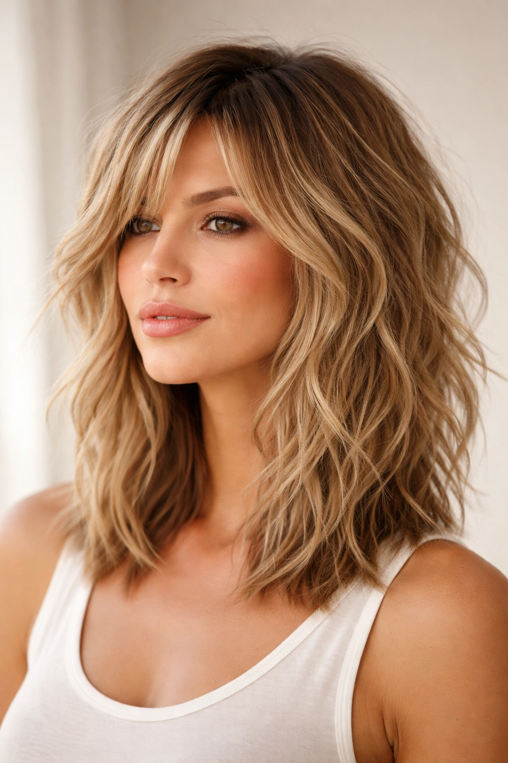 Shoulder-length hair with textured choppy layers showing volume and texture