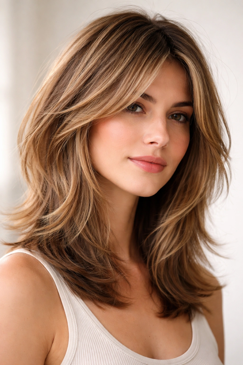 Medium-length textured shoulder-length hairstyle with blended layers
