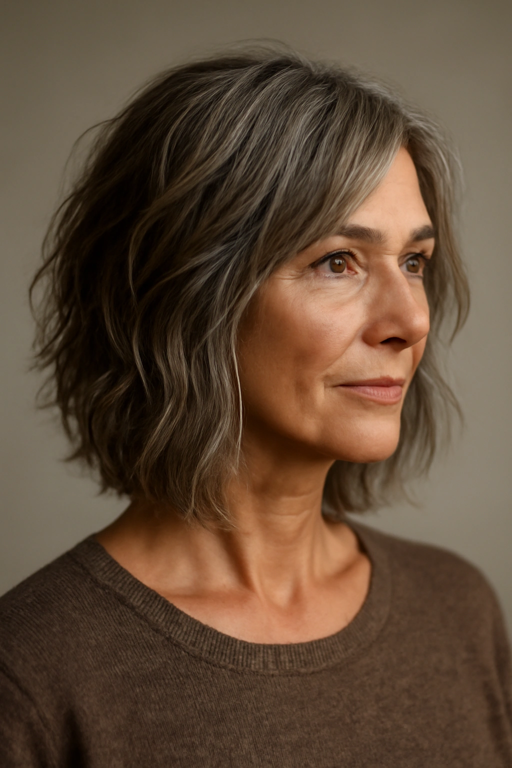 Shoulder-length textured hairstyle with movement on a mature woman
