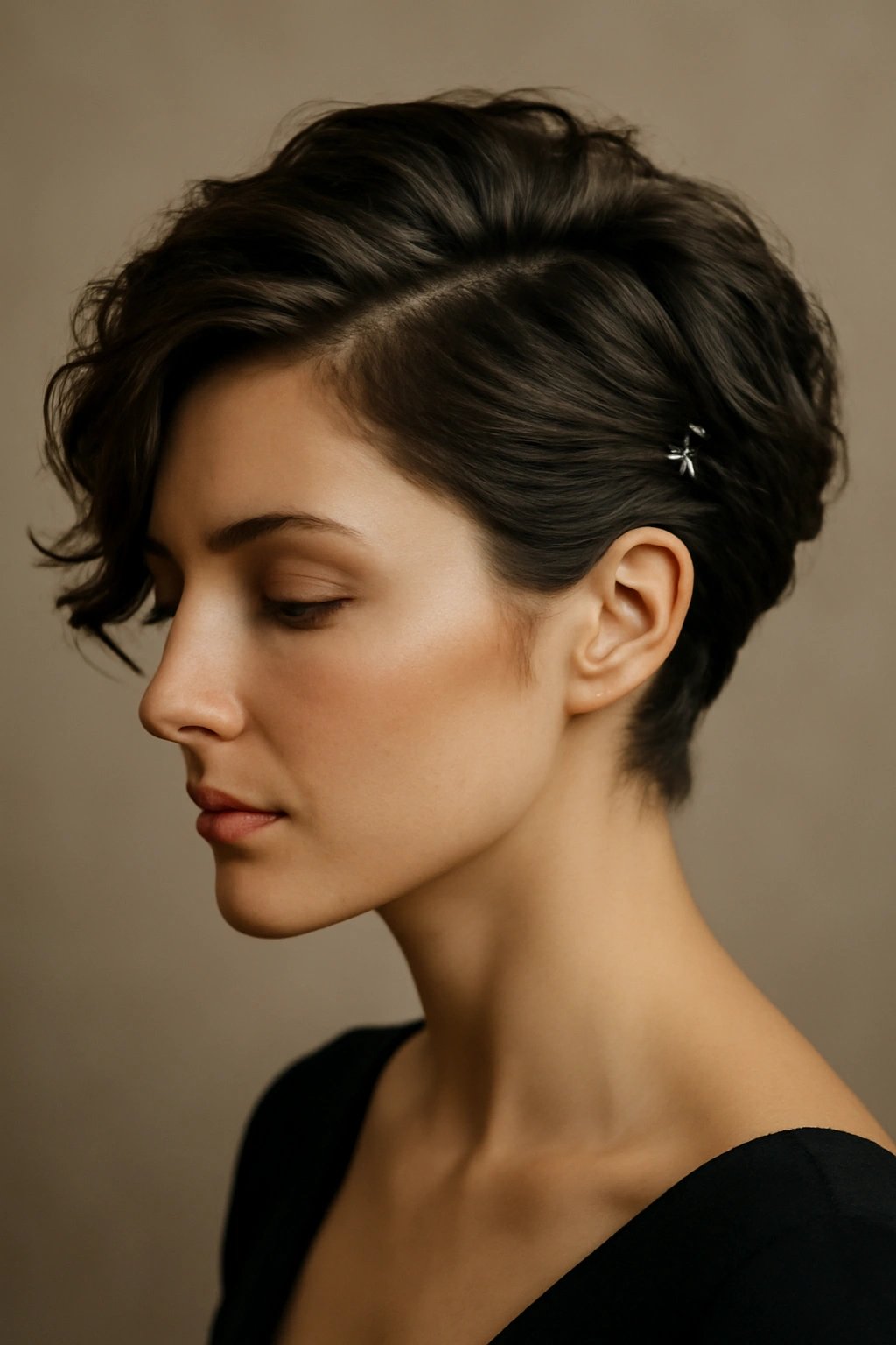 Close-up of a short hairstyle with a textured side sweep tucked behind the ear