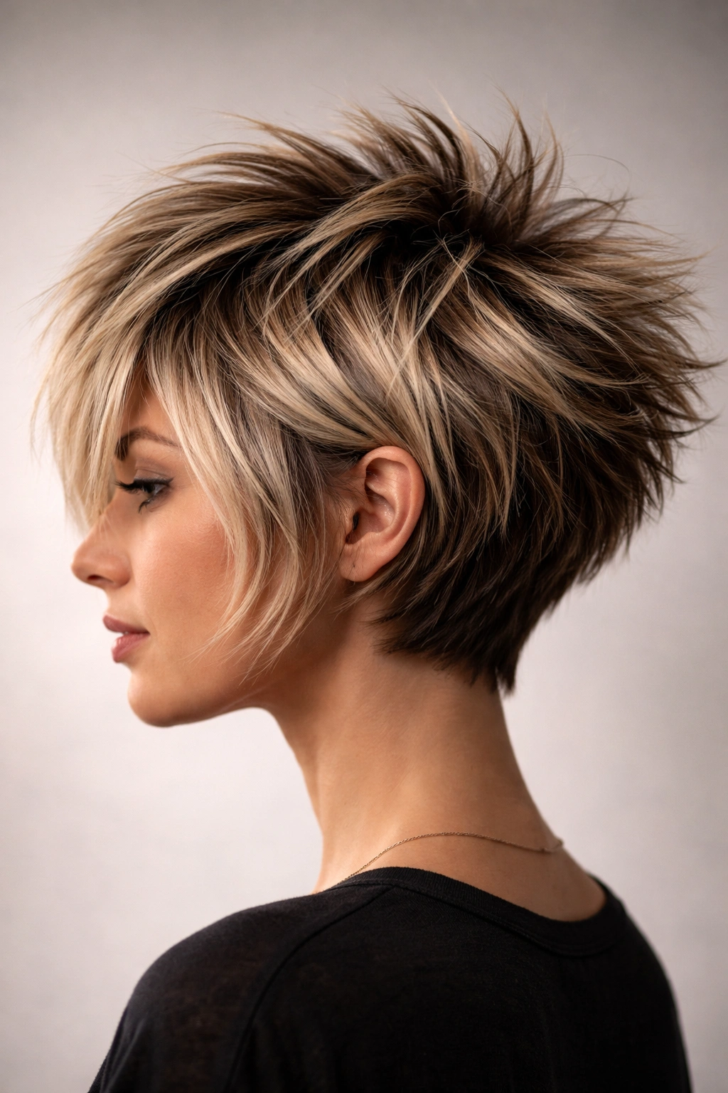 Close-up side profile of a textured spiky stacked bob