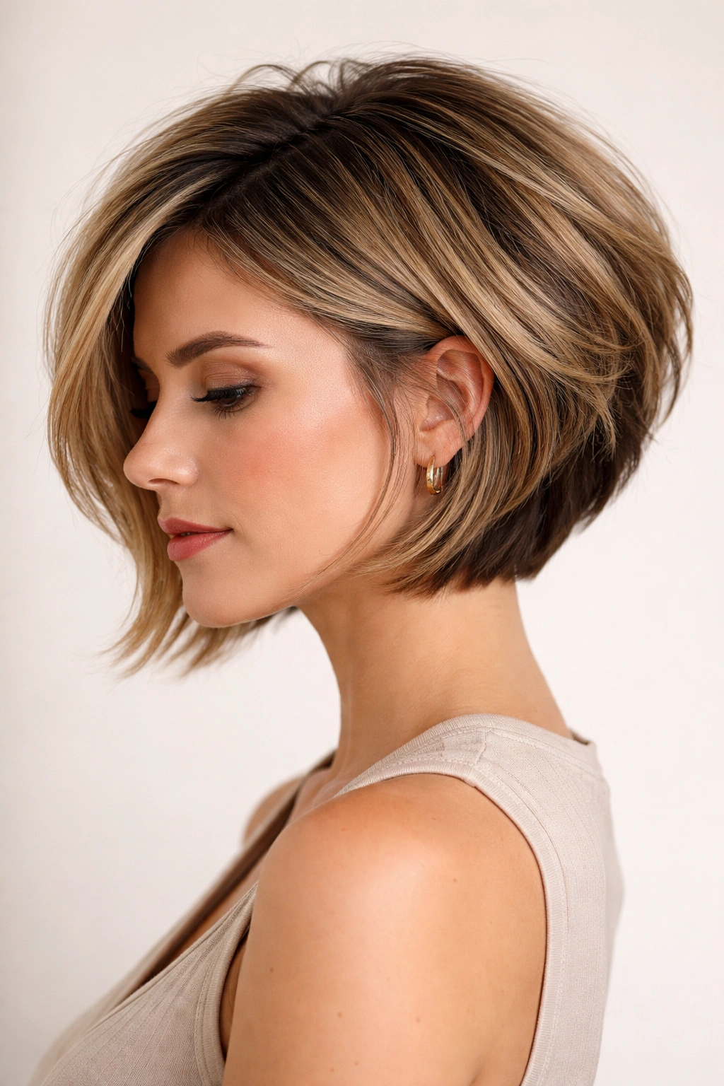 Close-up of a short textured stack hairstyle with chunky layered crown