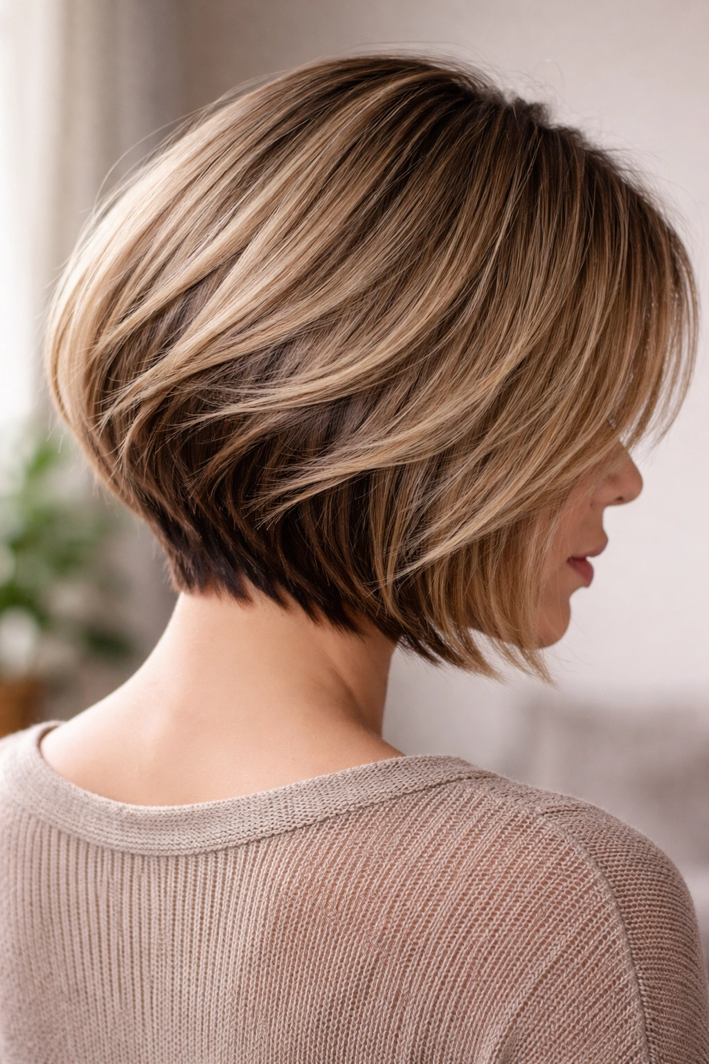 Textured stacked bob showing contrast between smooth top layers and shorter underlayers.