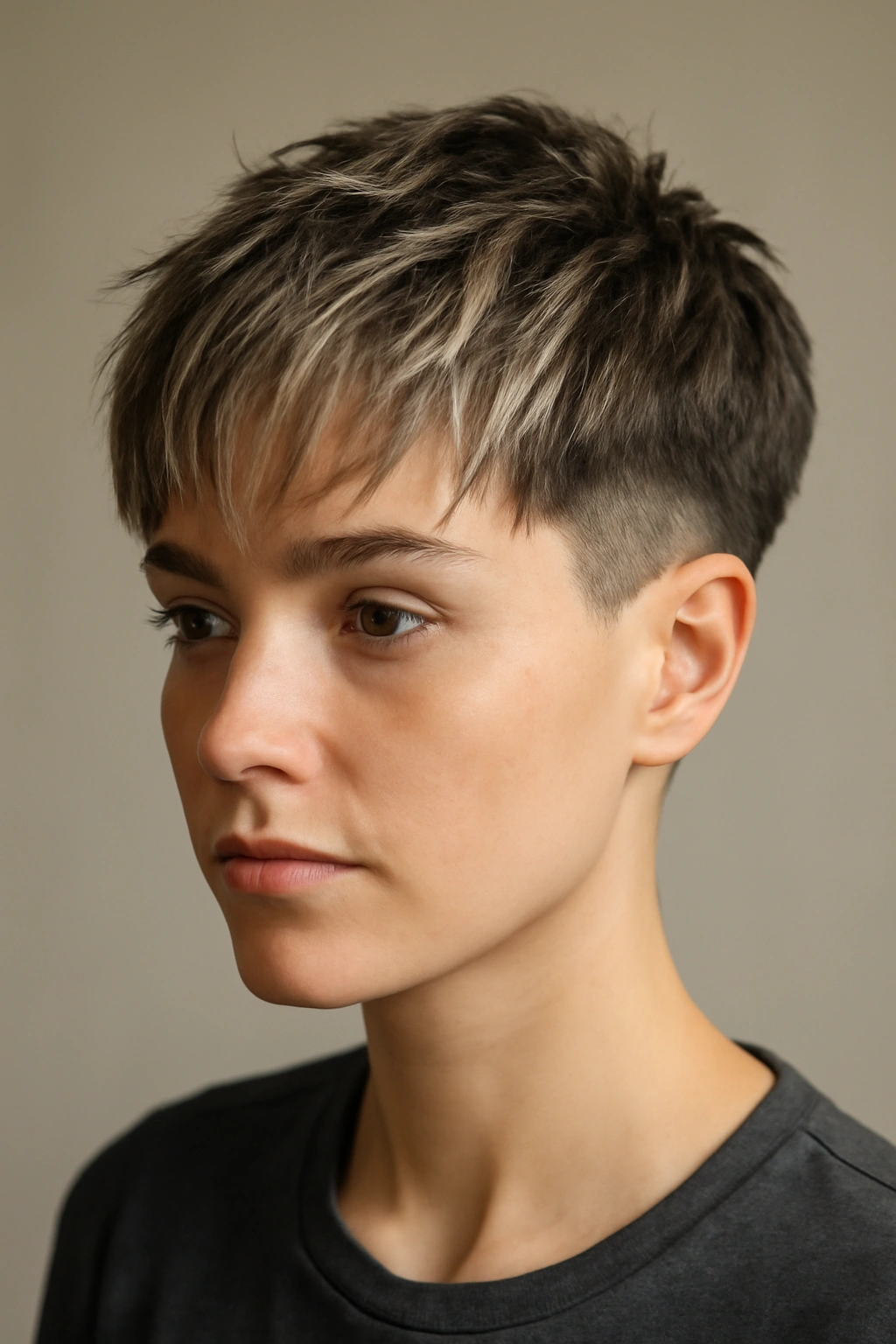 Textured taper with face-framing pieces in a minimal studio setup