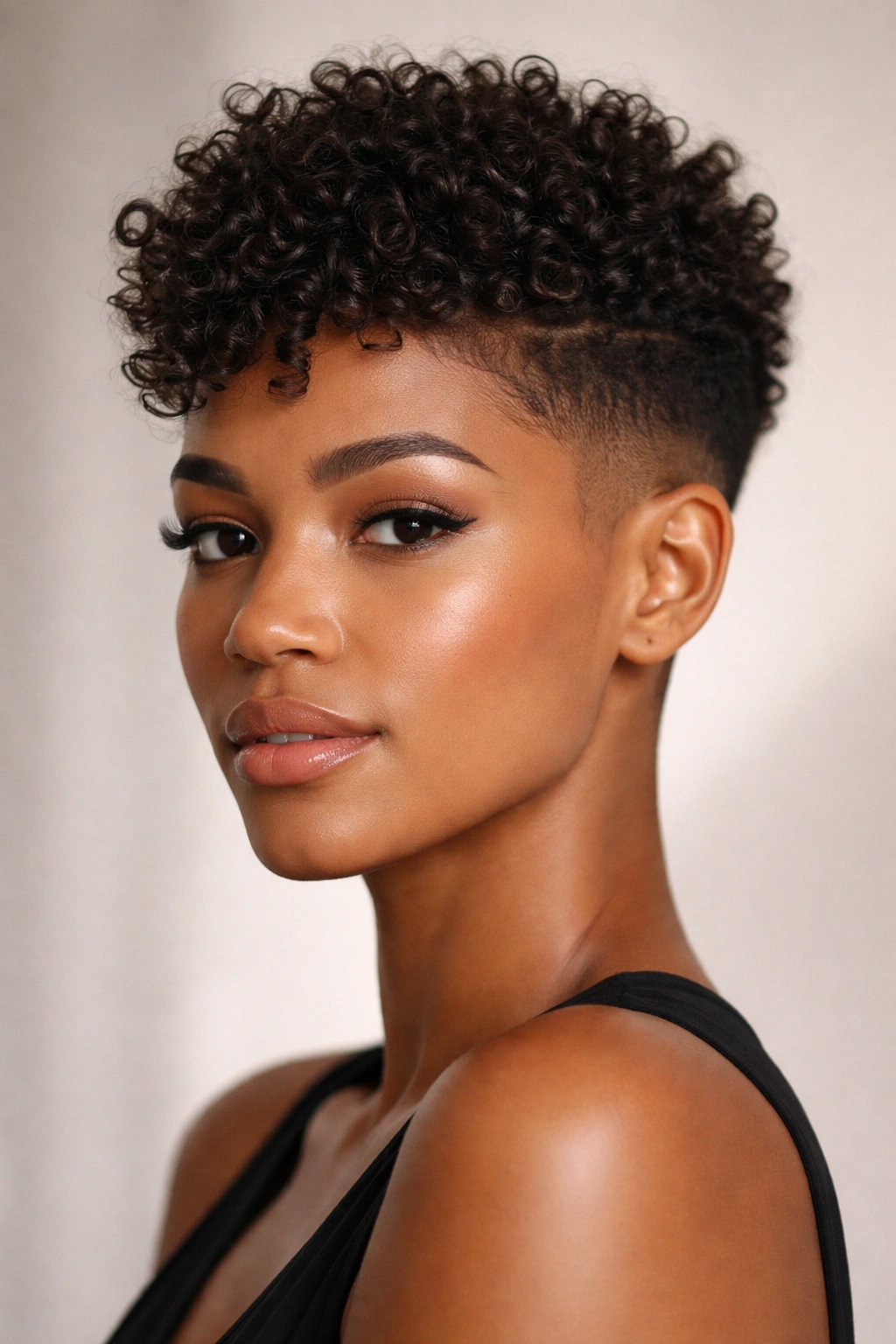 Close-up of a curly pixie with a textured top fade and short sides