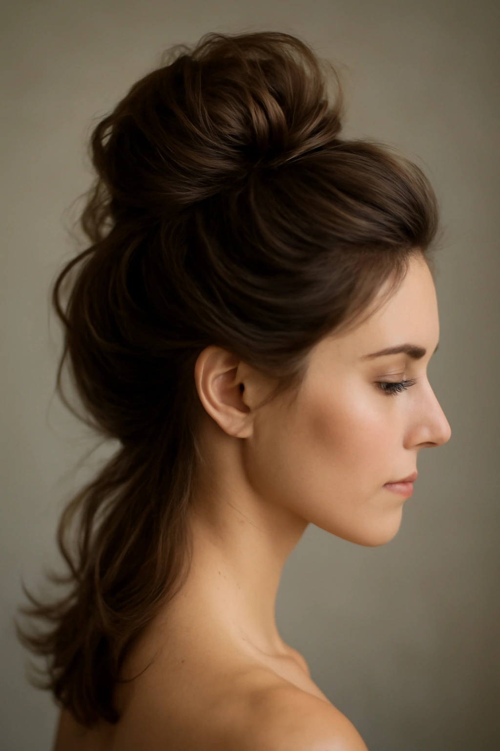 Textured top knot with flowing layers for a modern formal look