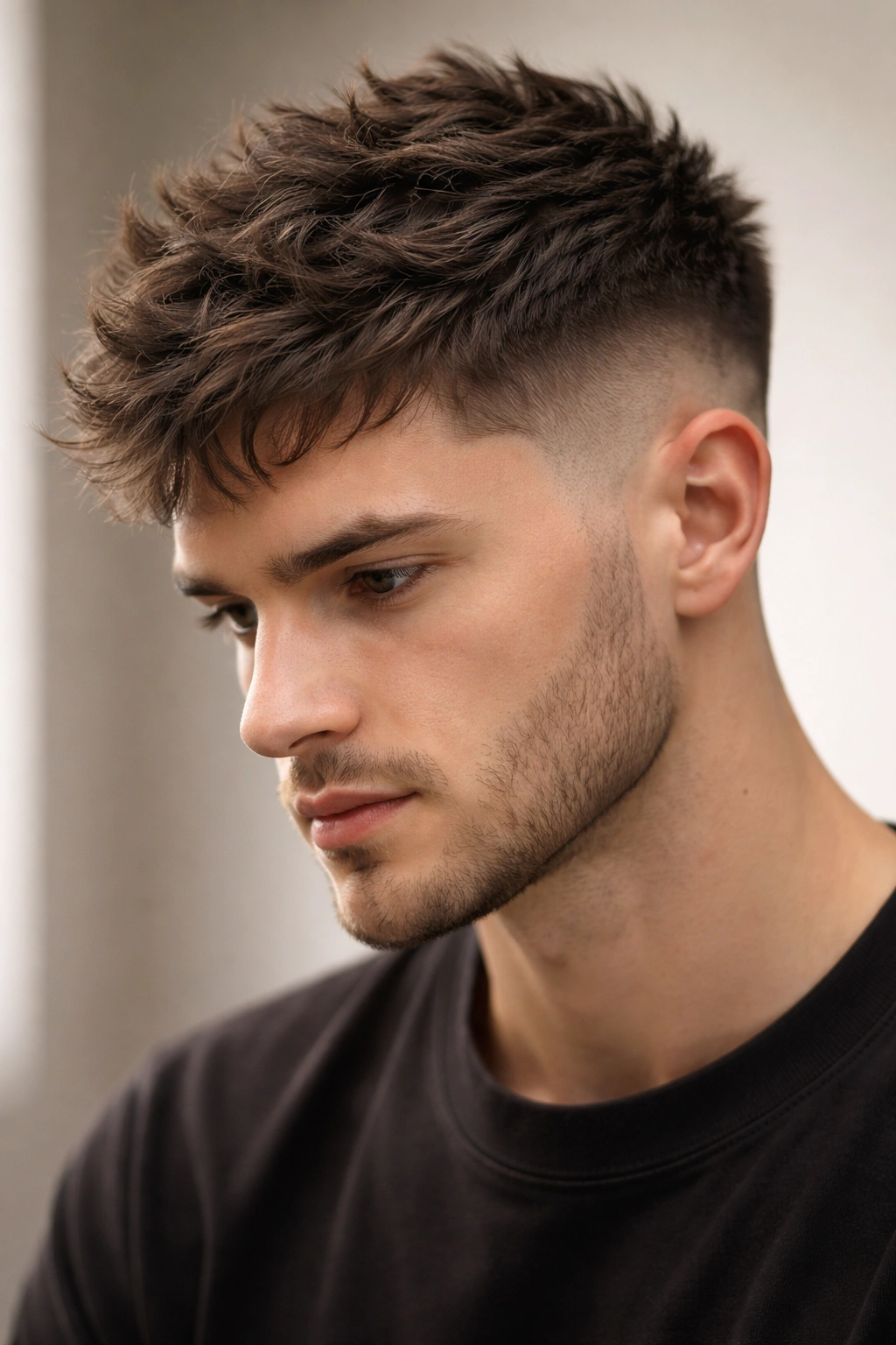 Textured top with temple fade showing choppy layers and blended sides