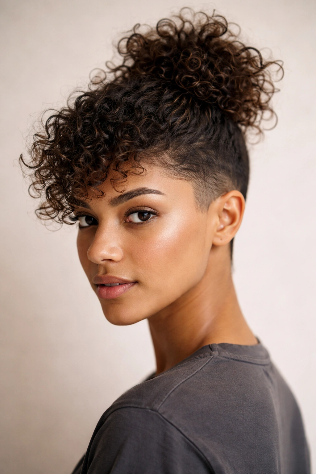 Portrait of a person with a textured topknot-ready cut showing crown texture and layering.
