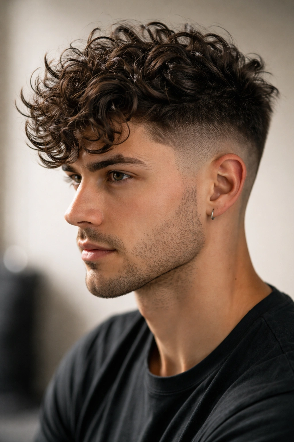 Model with a textured undercut and a longer curly top.