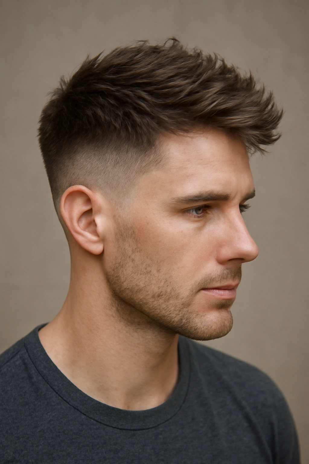 Portrait of a person with a textured undercut showing short sides and a textured top.