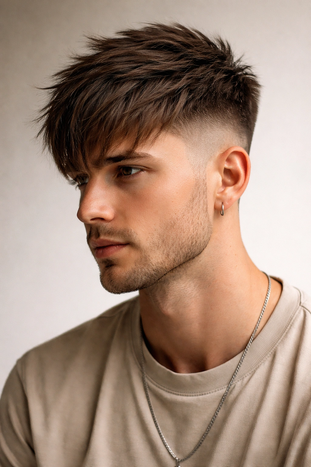 Textured undercut with longer fringe showing choppy layers