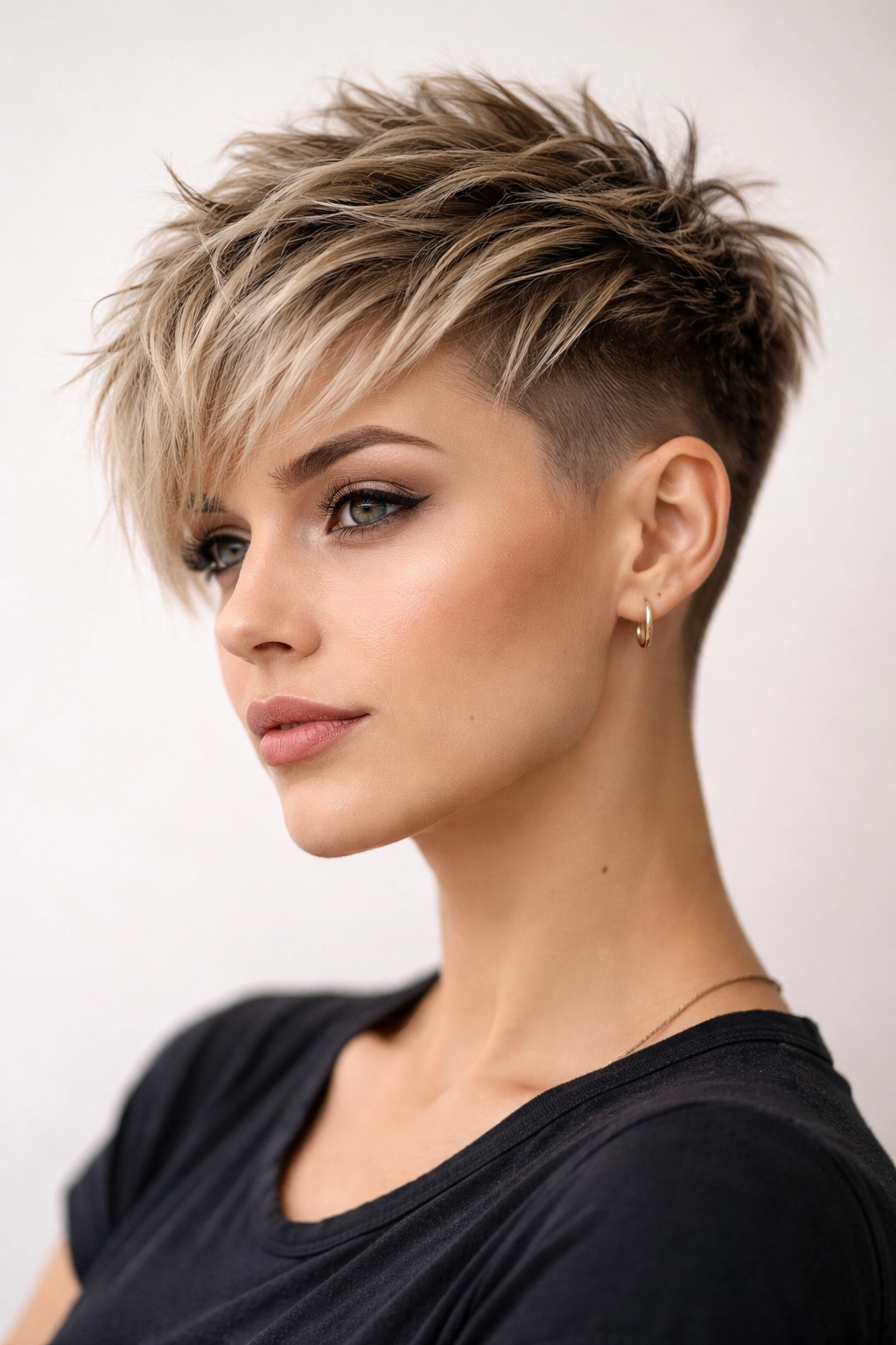 Close-up portrait of a textured crop with an undercut, highlighting top layers and shaved sides