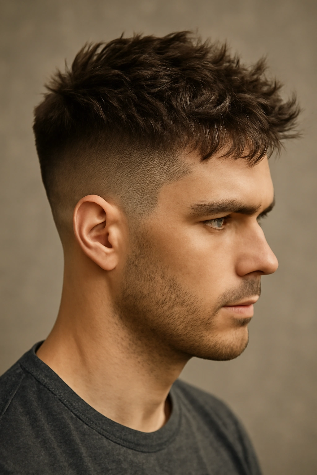 Portrait showing very short sides and longer textured top with choppy layers