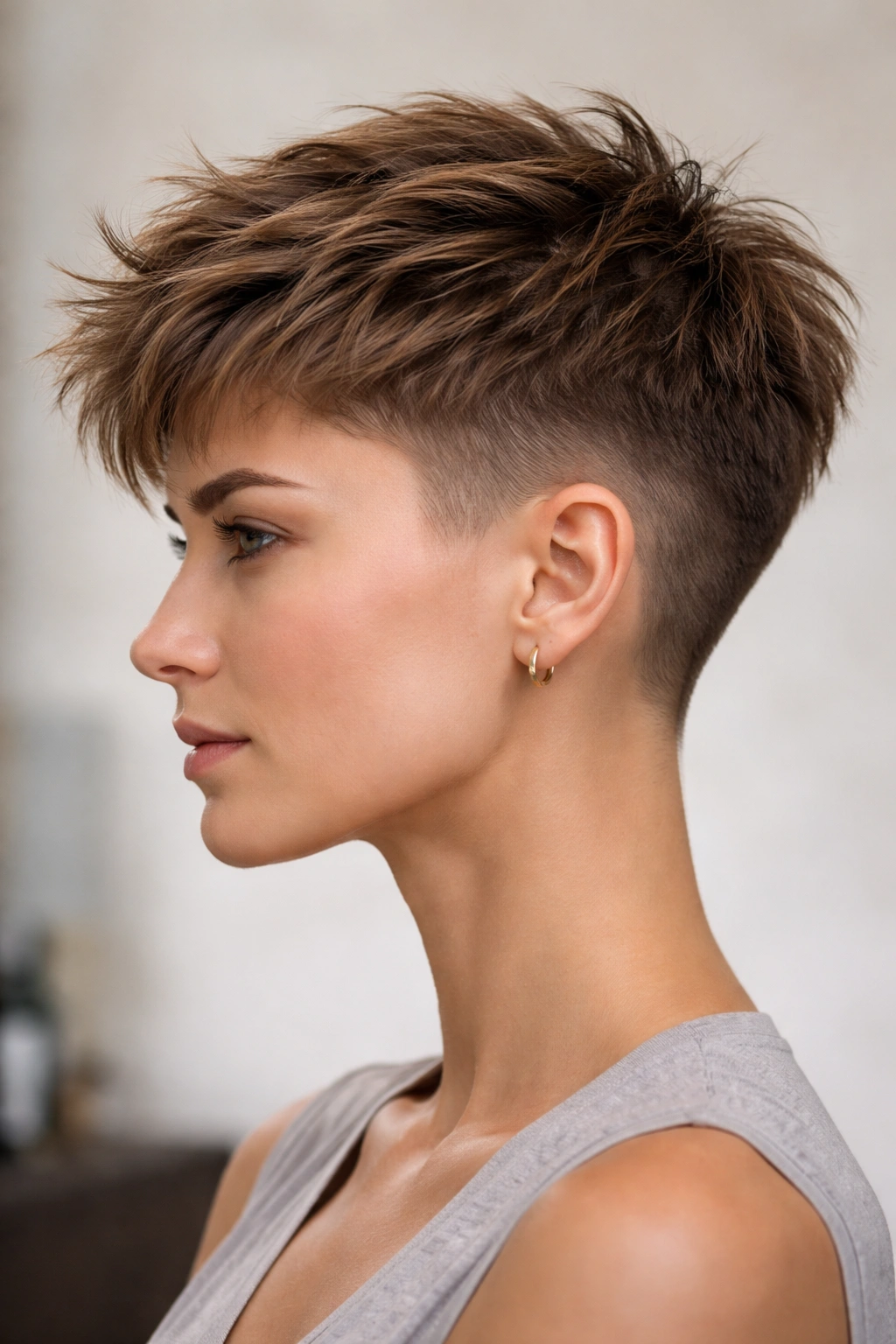 Side profile of a head with clipped sides and textured layered top