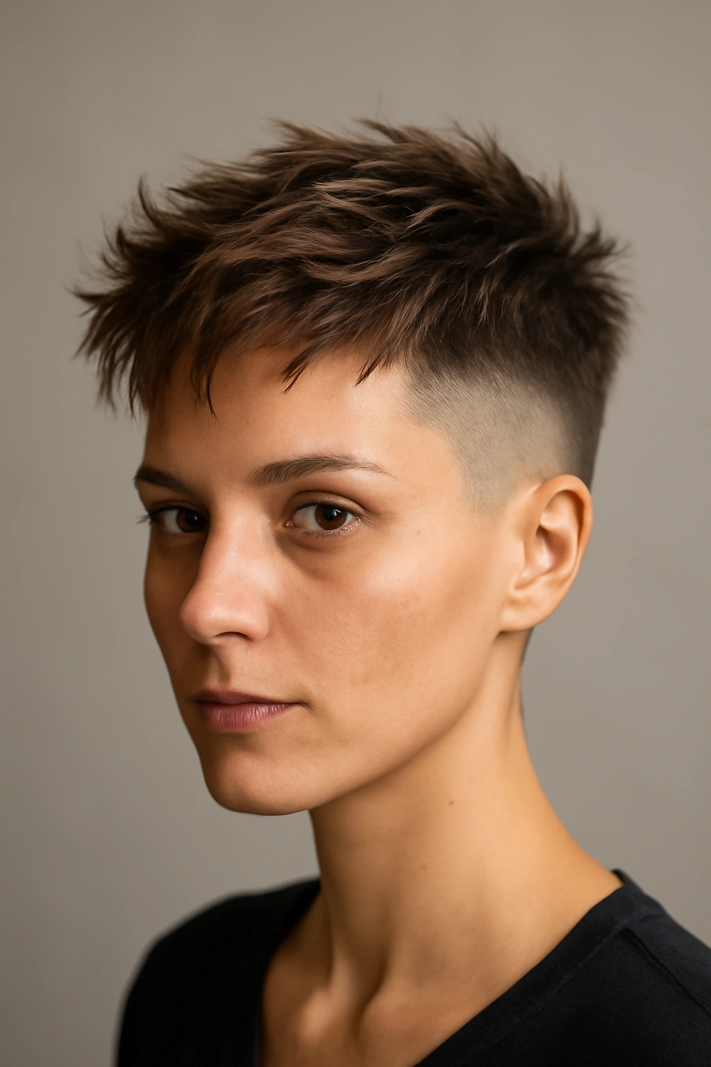 Side profile of textured undercut with short faded sides and layered top.