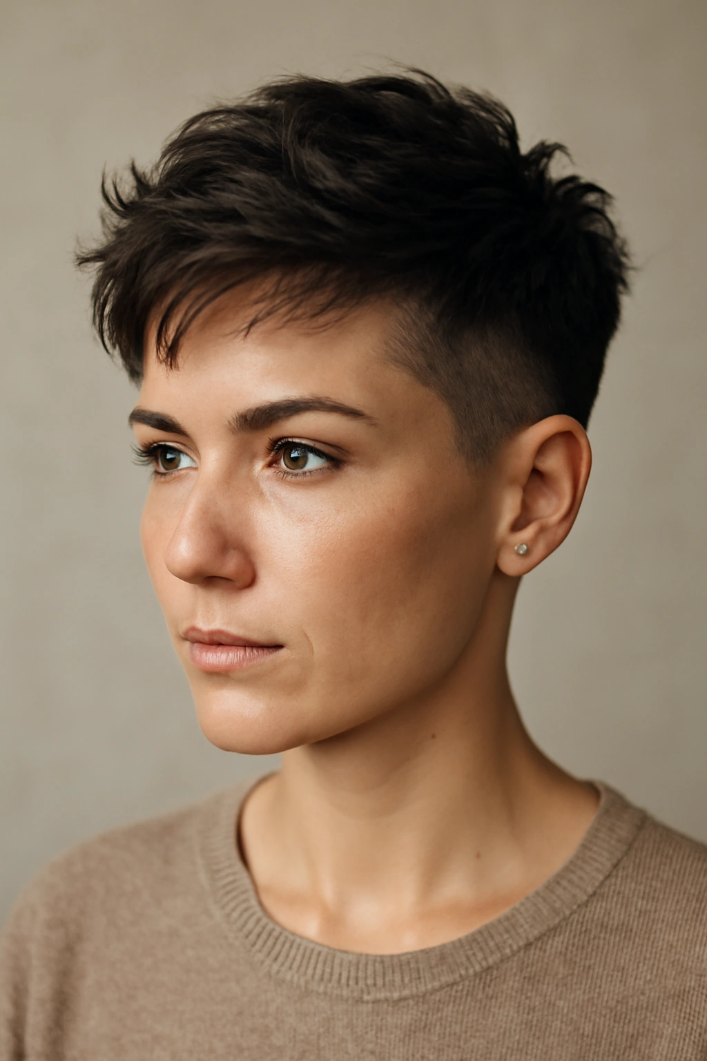 Close-up portrait of a person with a textured undercut pixie and longer top.