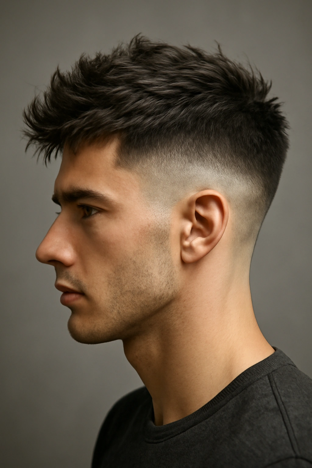 Undercut with short back/sides and textured top on thick hair.