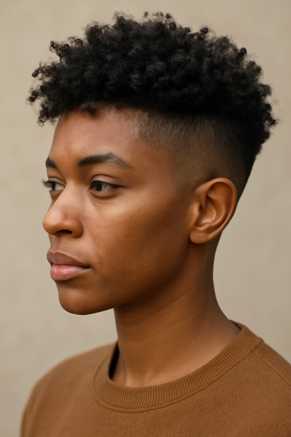 Portrait of a person with an undercut and textured curls on top