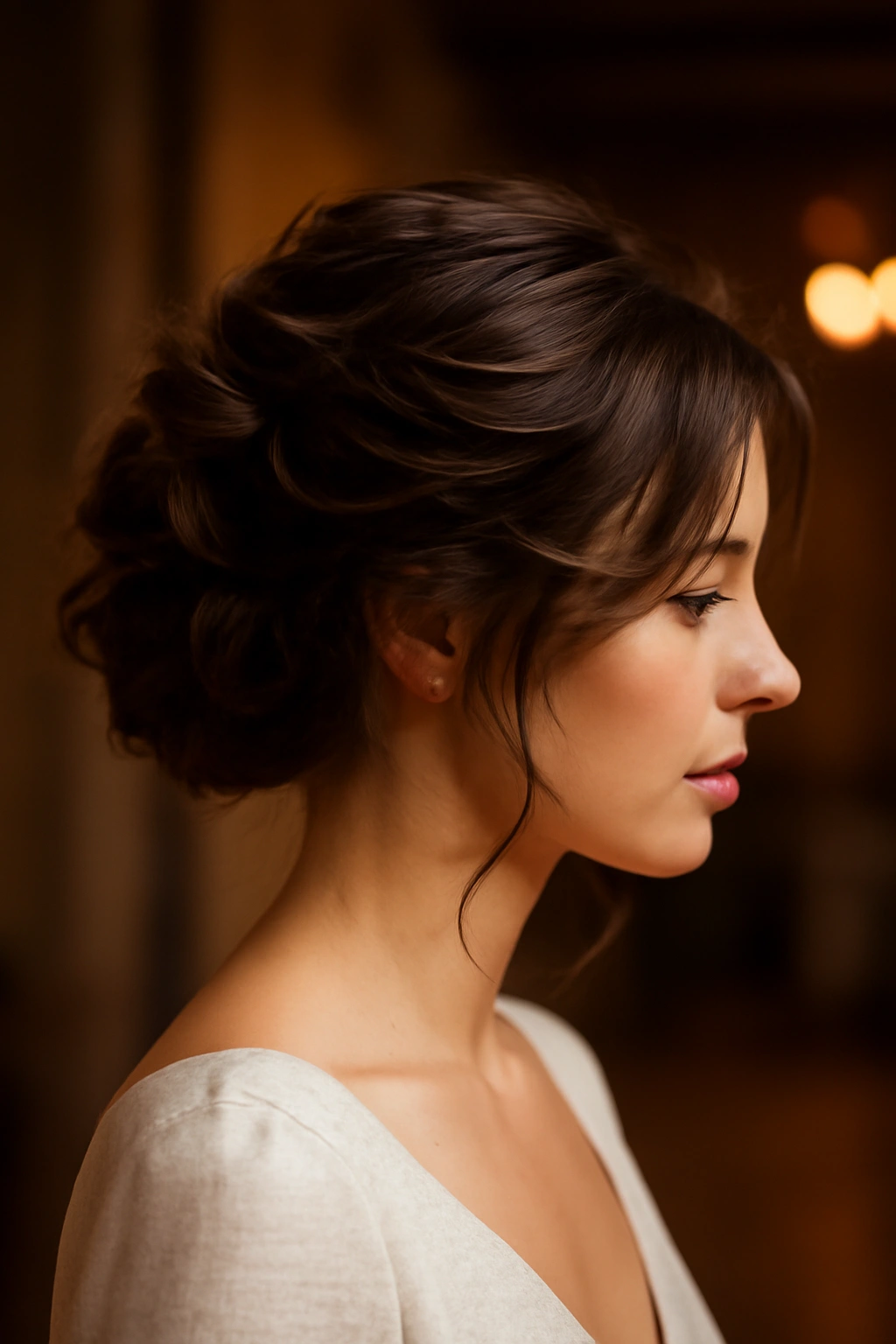 Textured updo on a bob with soft face-framing layers
