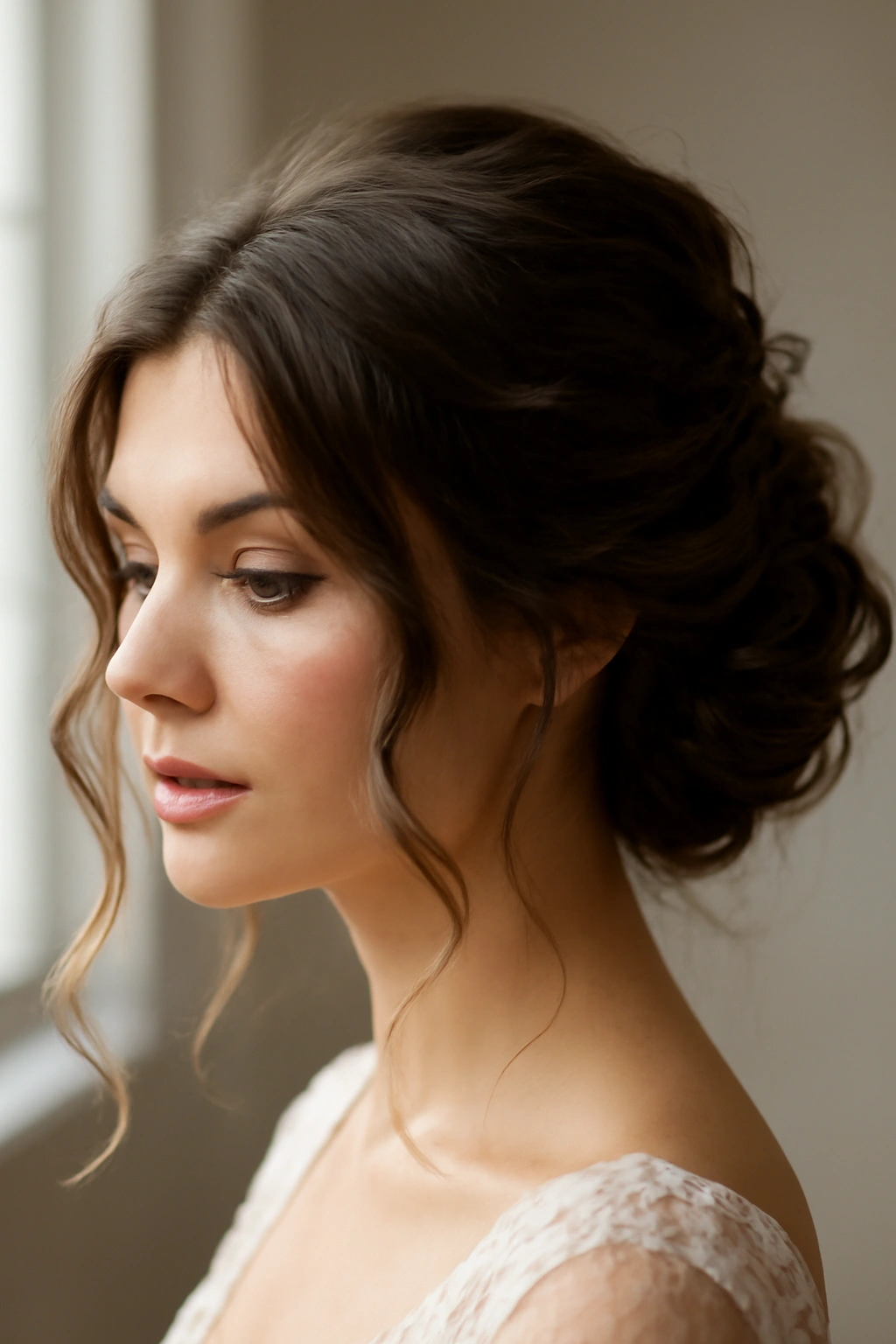 Textured updo with face-framing curls and visible texture