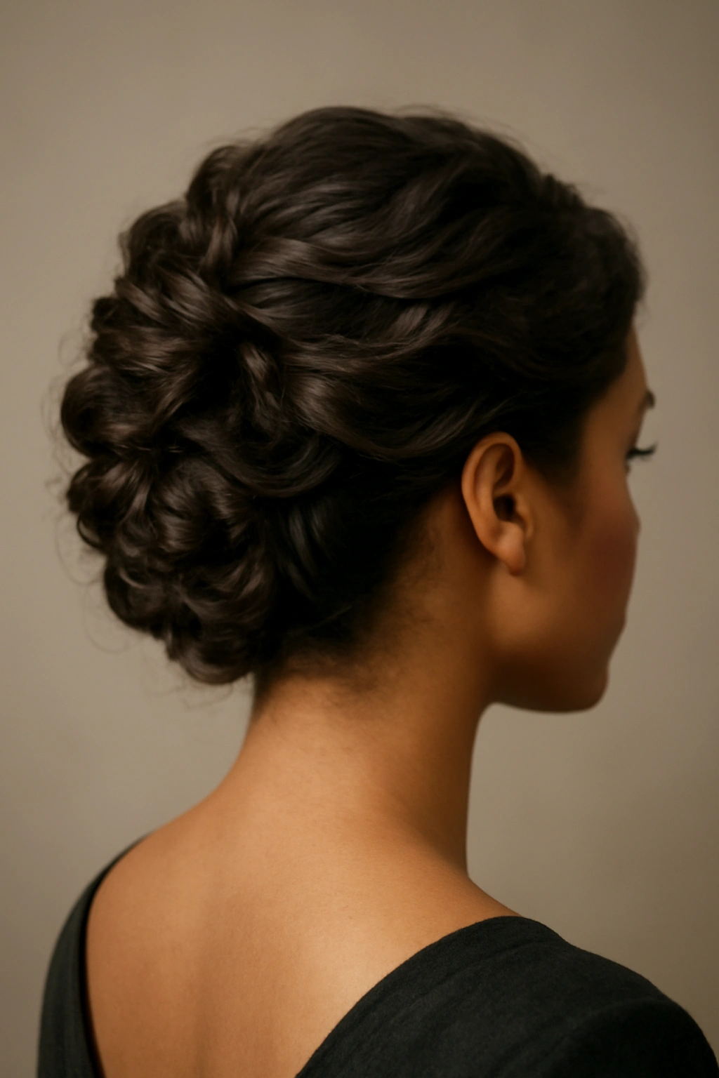 Voluminous textured updo with visible waves and curls, crown lift adding dimension.