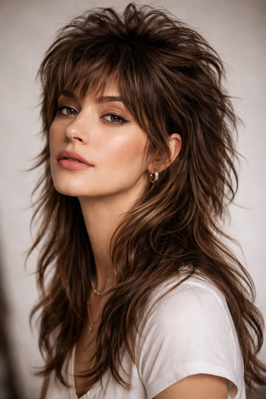 Textured Volume Mullet Shag with stacked layers and high crown volume