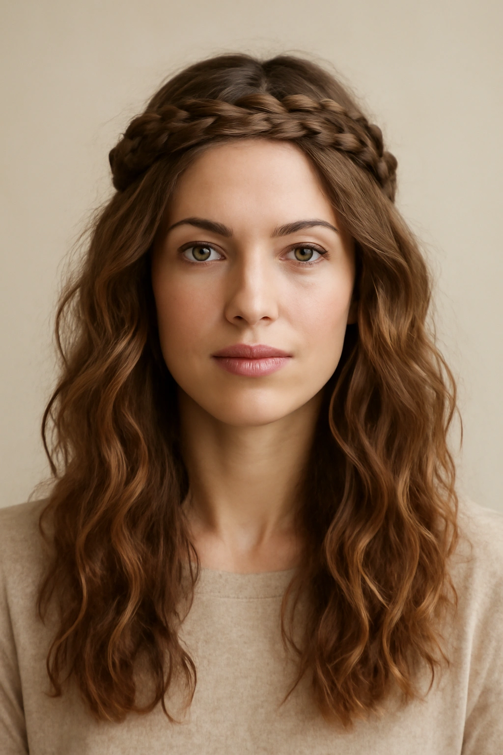 Textured waves with a crown braid along the top of the head.