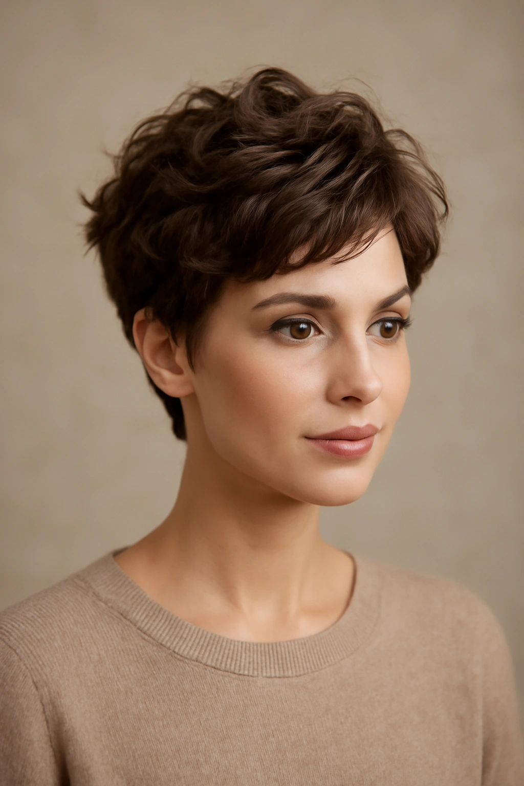 Textured waves with crown volume on short hair in studio lighting