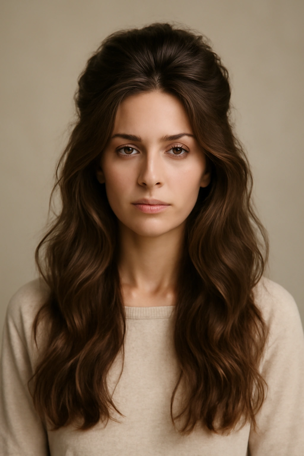 Long hair with pronounced crown volume and textured waves