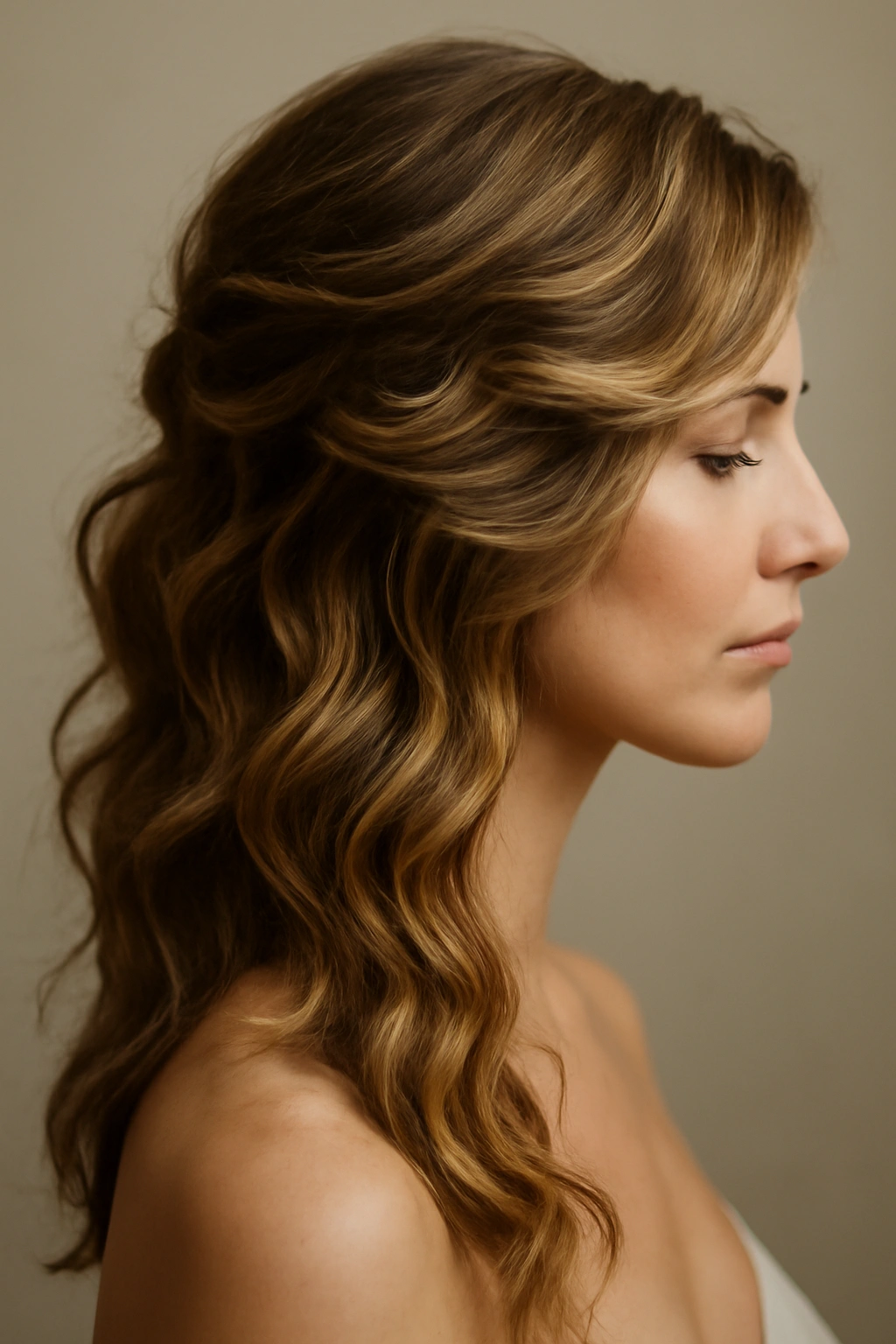 Profile view of textured, side-swept bridal waves