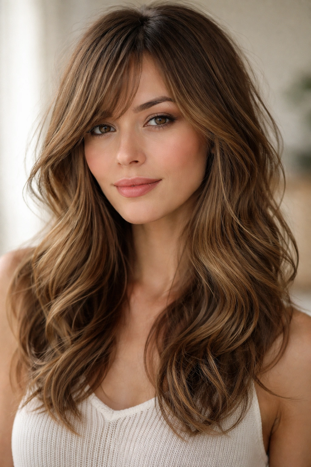 Close-up of medium-length textured waves with wispy bangs in soft natural light