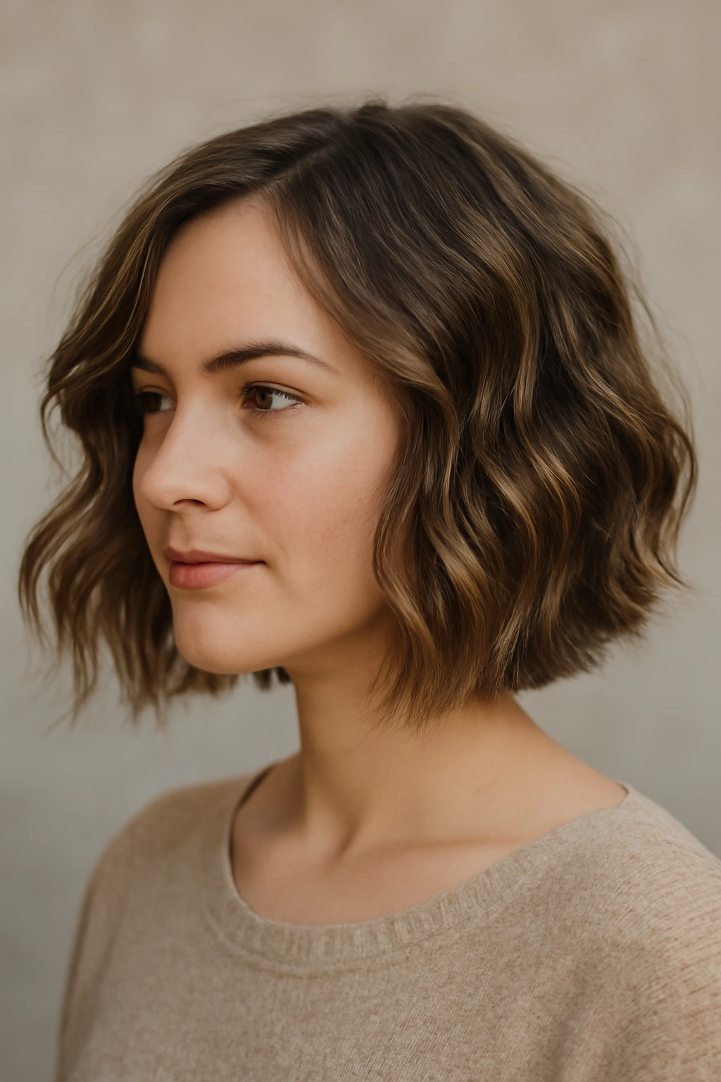 Head-and-shoulders shot of a textured wavy bob with soft blended layers.
