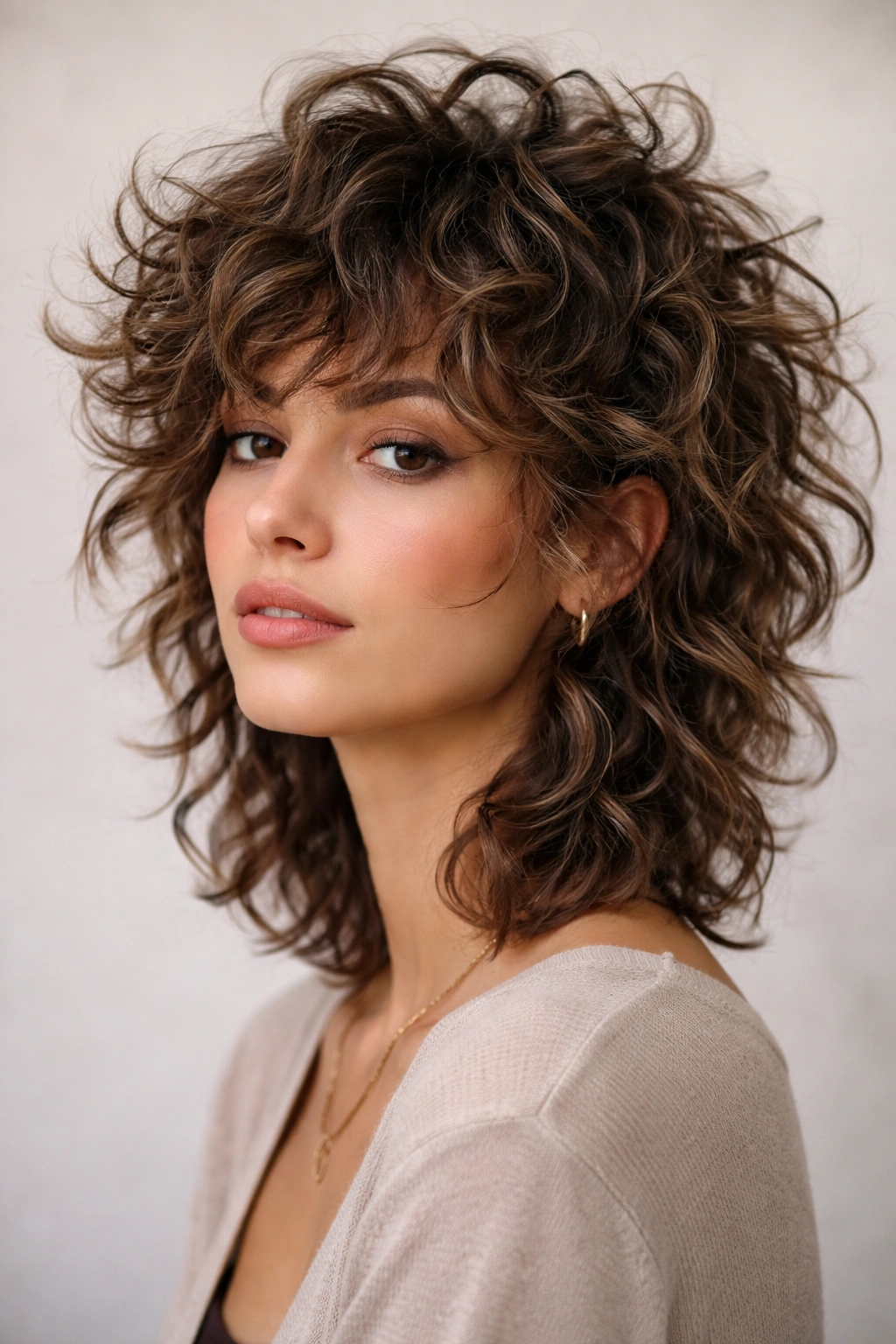 Close-up portrait of a person with The Tousled Shag hairstyle, featuring layered curls and movement.