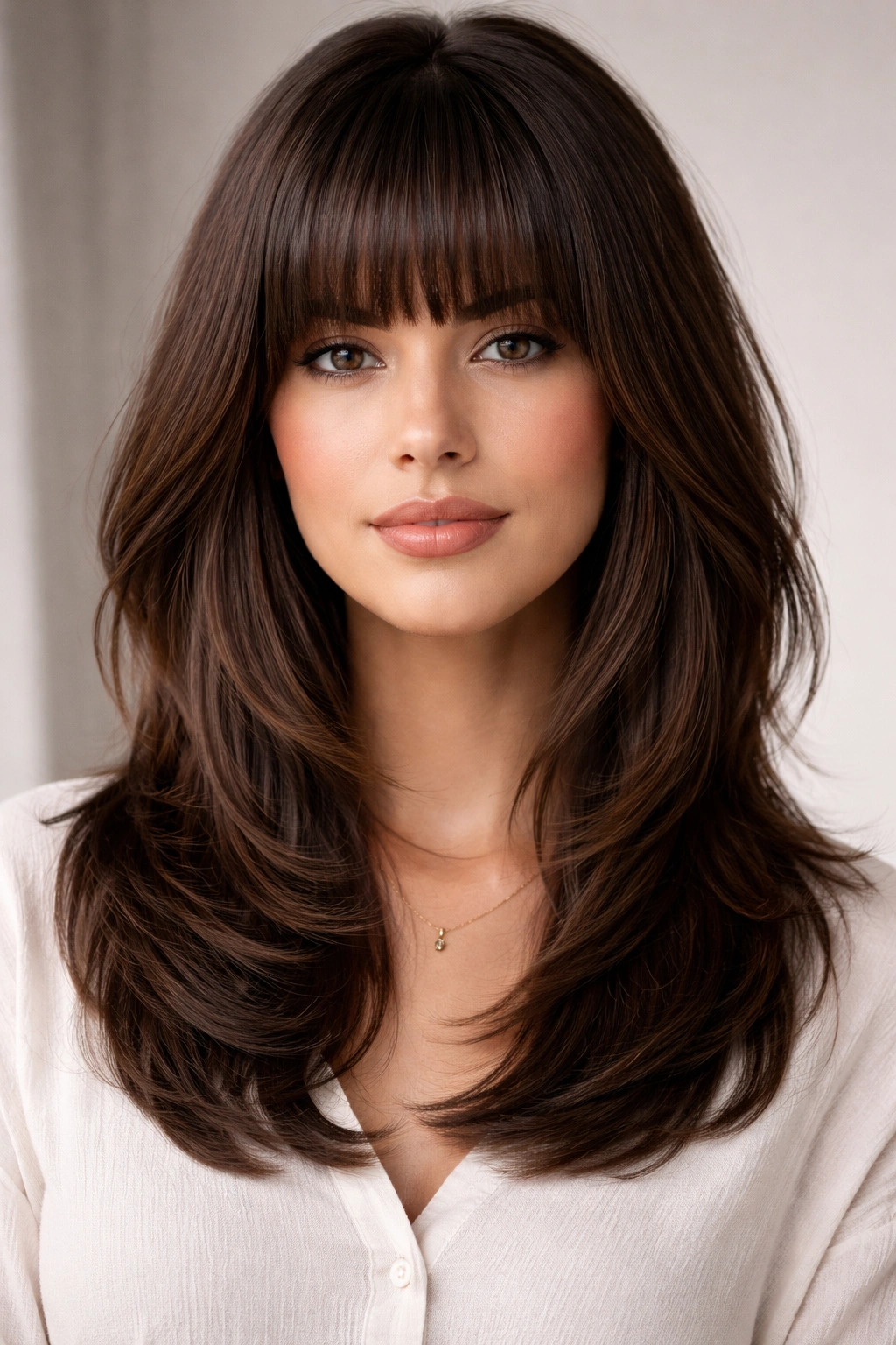 Hair with thick blunt bangs and shoulder-length layered cut.