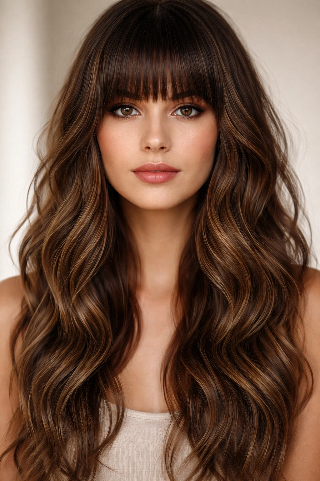 Close-up of dense blunt bangs with textured waves adding width