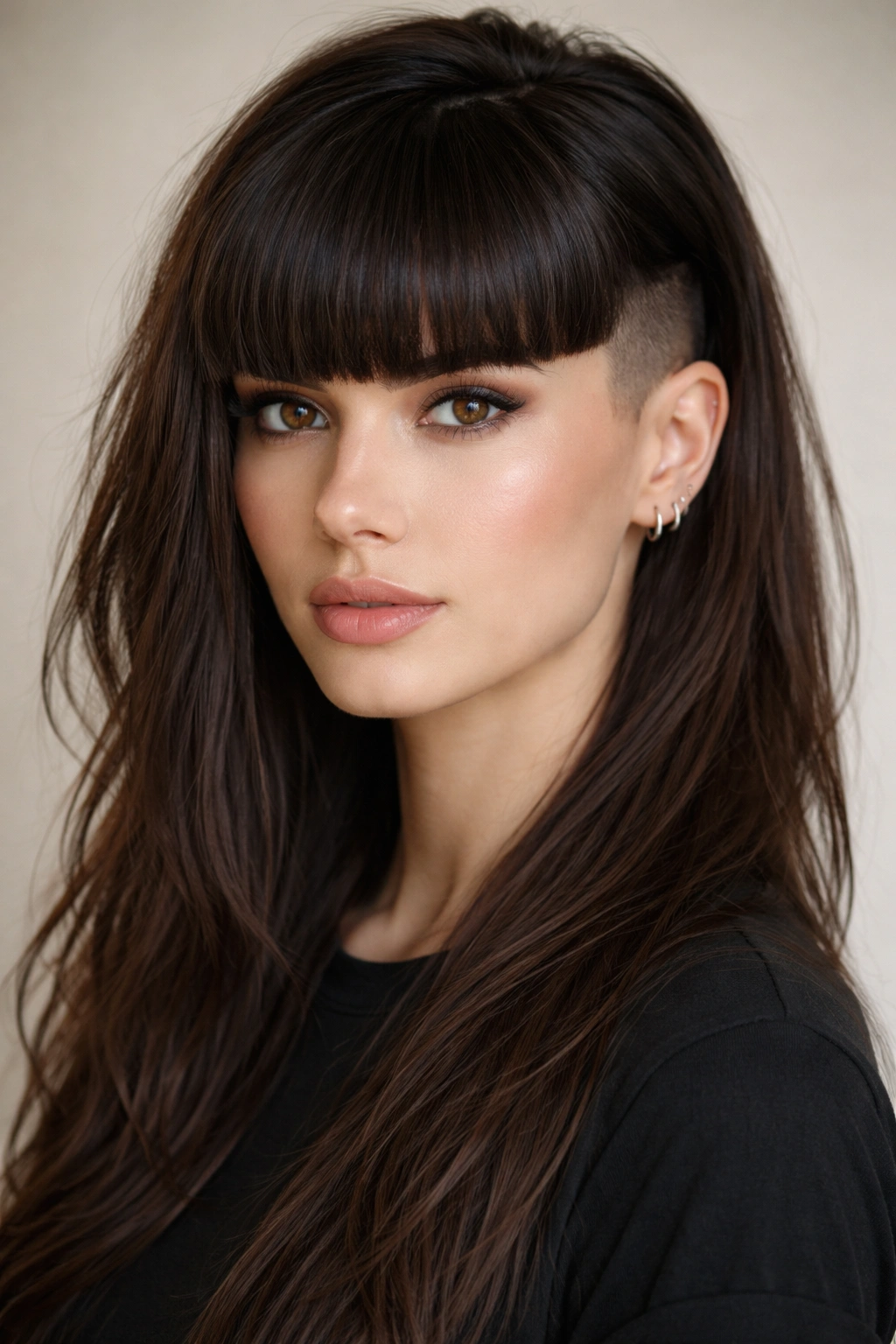 Portrait of a person with thick bangs and undercut sides