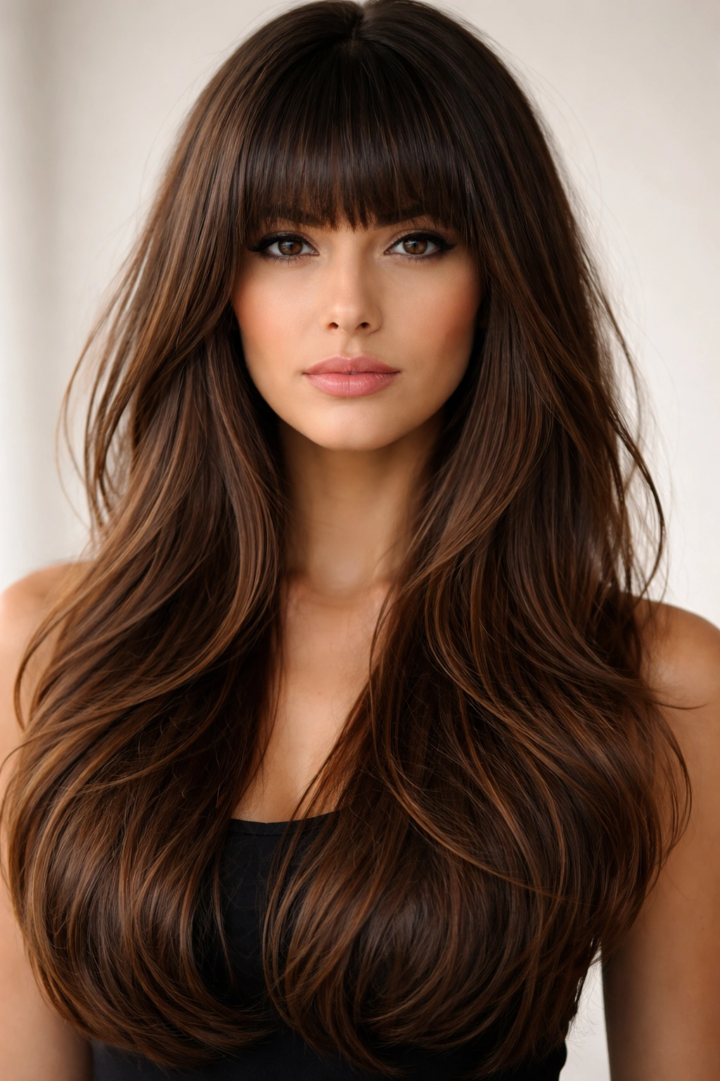 Portrait of thick blunt bangs with long layered hair