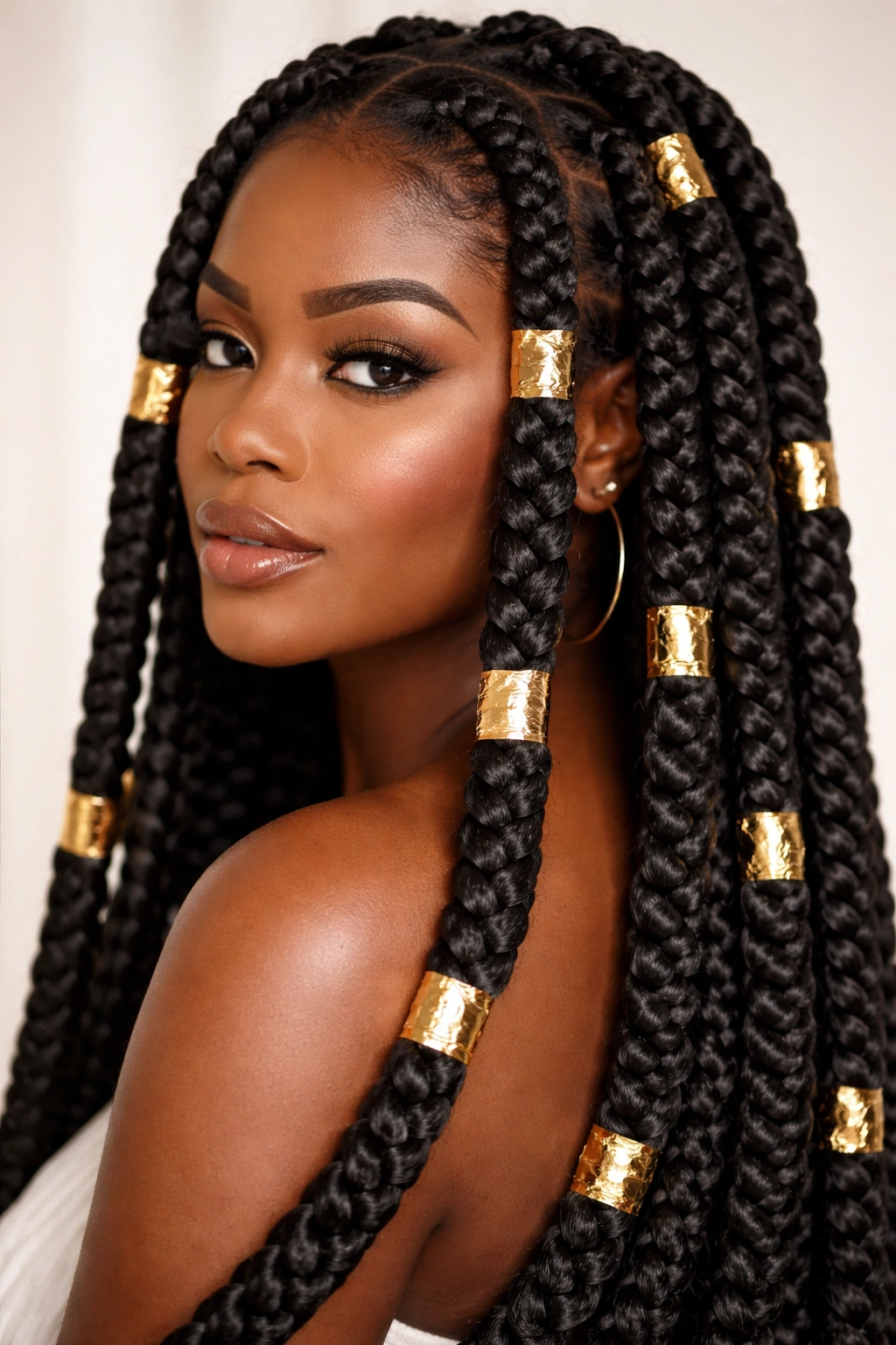 Thick box braids with gold foil wrap