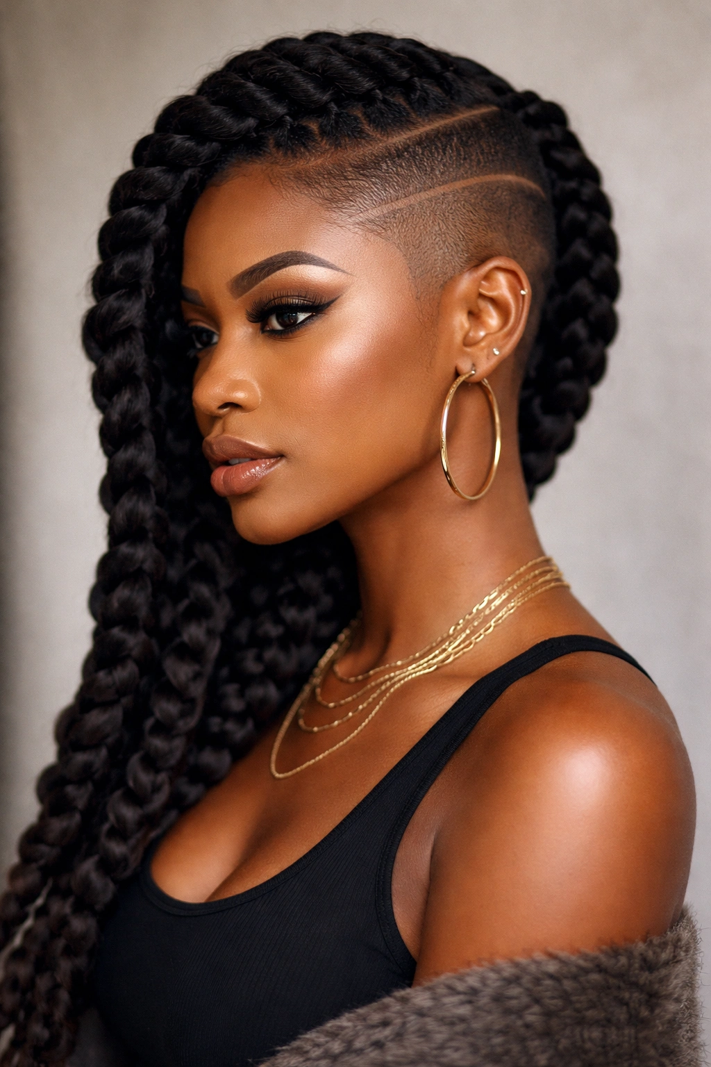 Bold thick side braids with a shaved detail on the opposite side