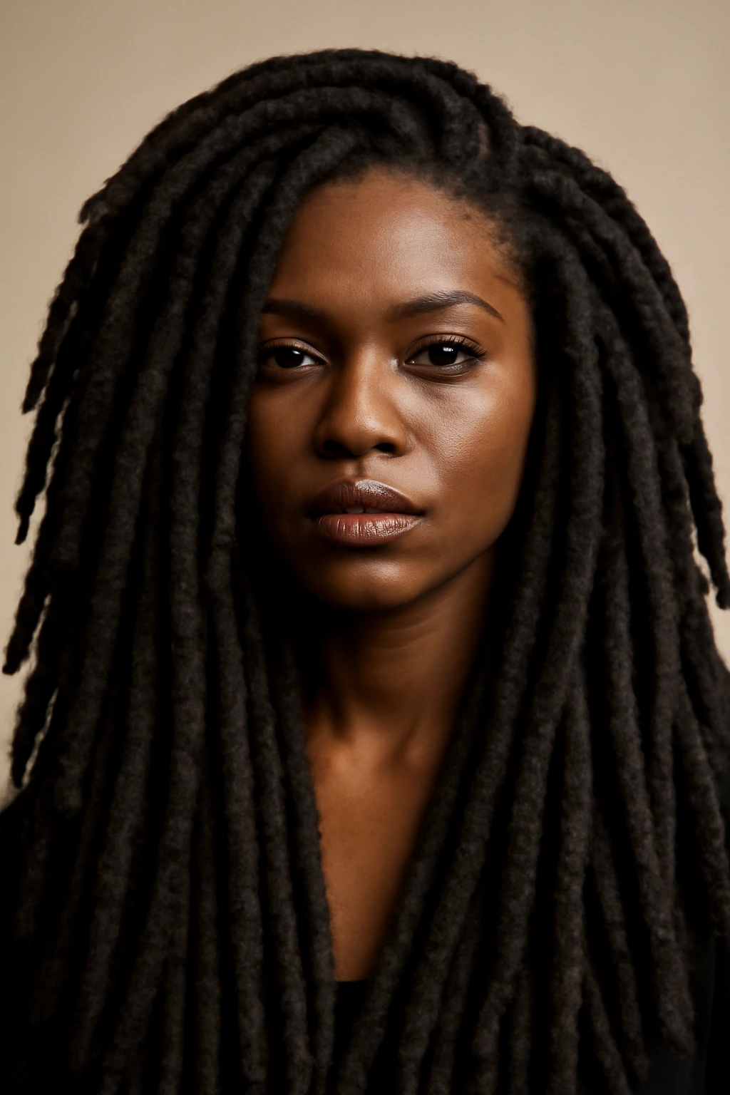 Close-up of thick, voluminous faux locs in a studio portrait