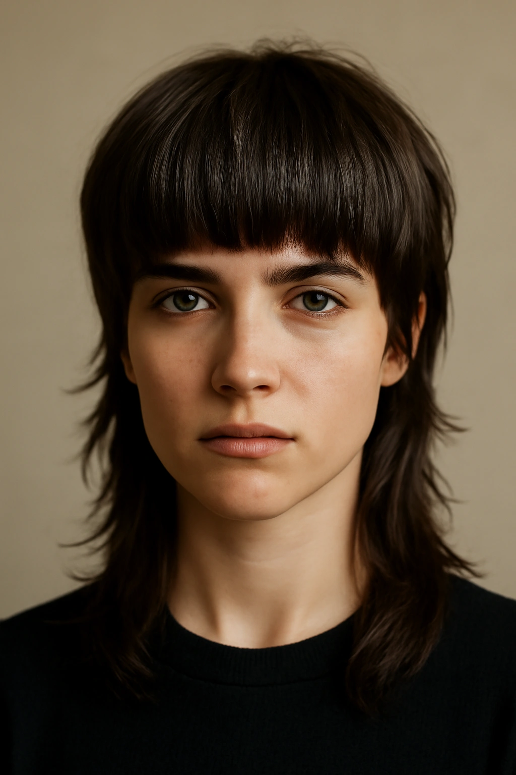 Close-up of a mullet with a thick fringe across the forehead