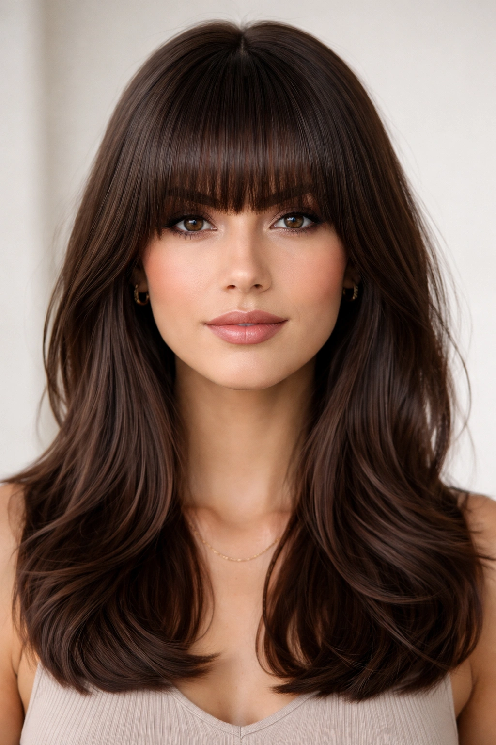 Close-up of thick, full bangs across a forehead