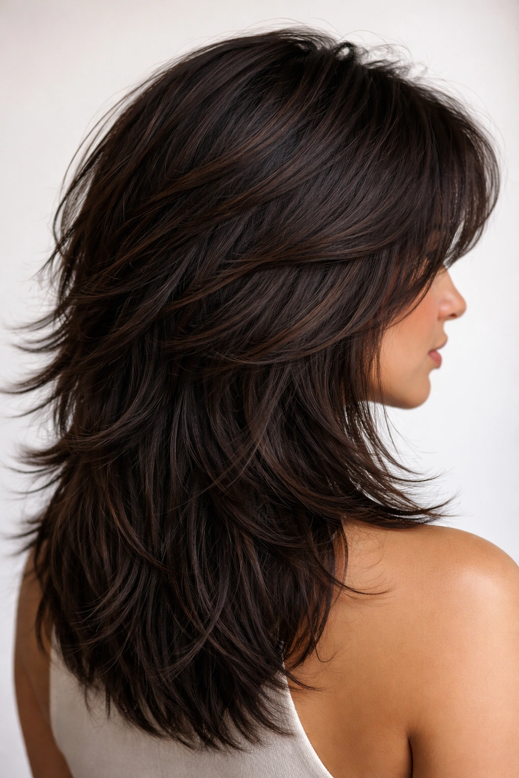 Close-up of thick hair with choppy layers showing crown lift